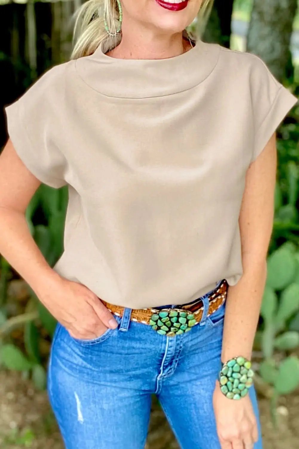 Oatmeal Plain Crew Neck Loose Fit Casual Top - Love Salve